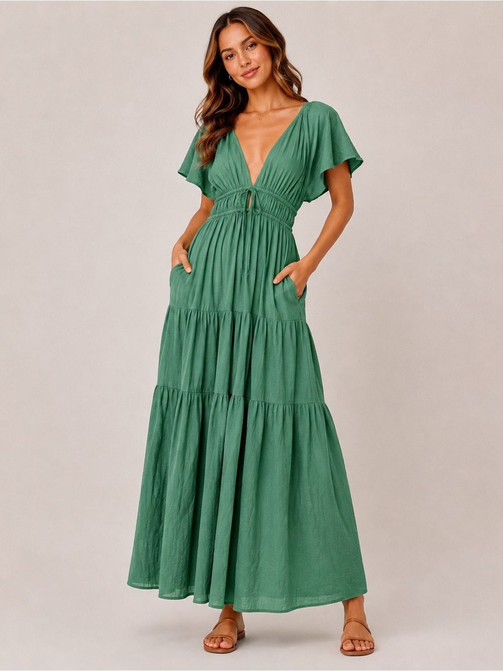Young Fabulous & Broke Tiered Maxi Dress Green Flutter Sleeve Size S
